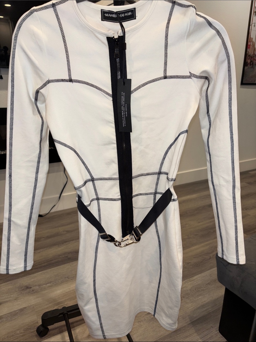 Maniere De Voir White Long-Sleeve Contrast-Stitch Zip Dress (runs small)